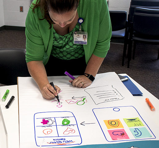 Woman drawing ideas on a white large sheet of paper